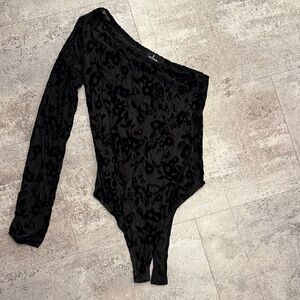 Lulu's Black and sheer Velvet Bodysuit
